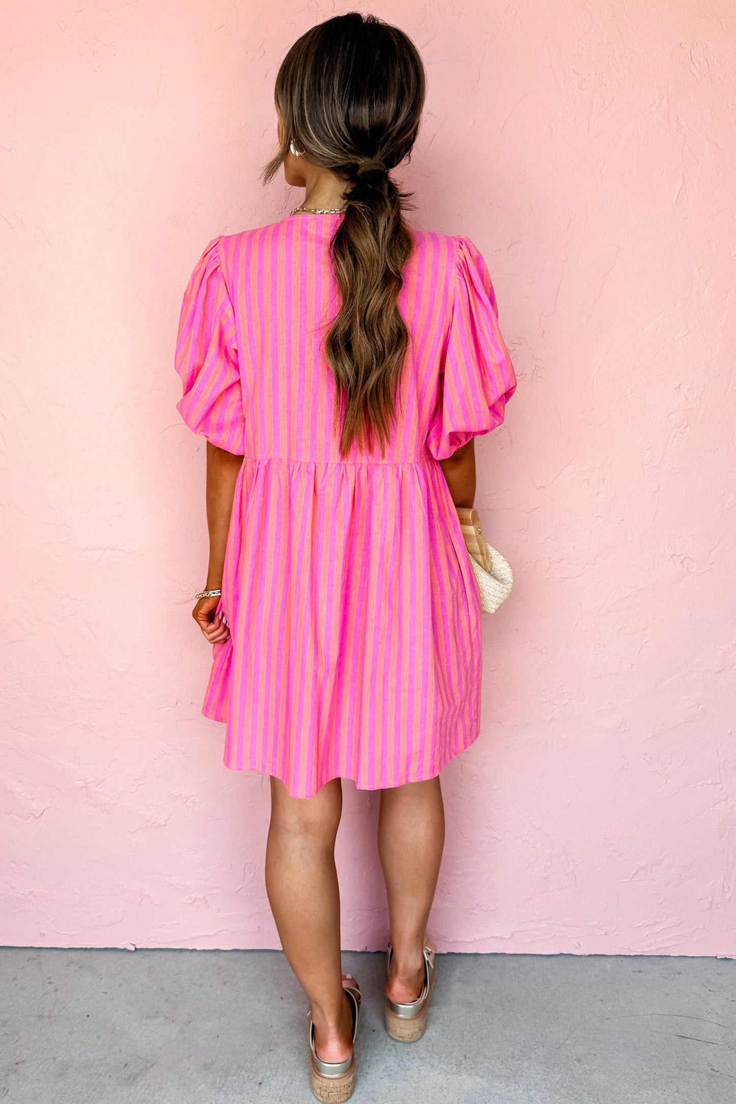 Rose Striped Print Bow Detail Short Puff Sleeve Mini Dress
