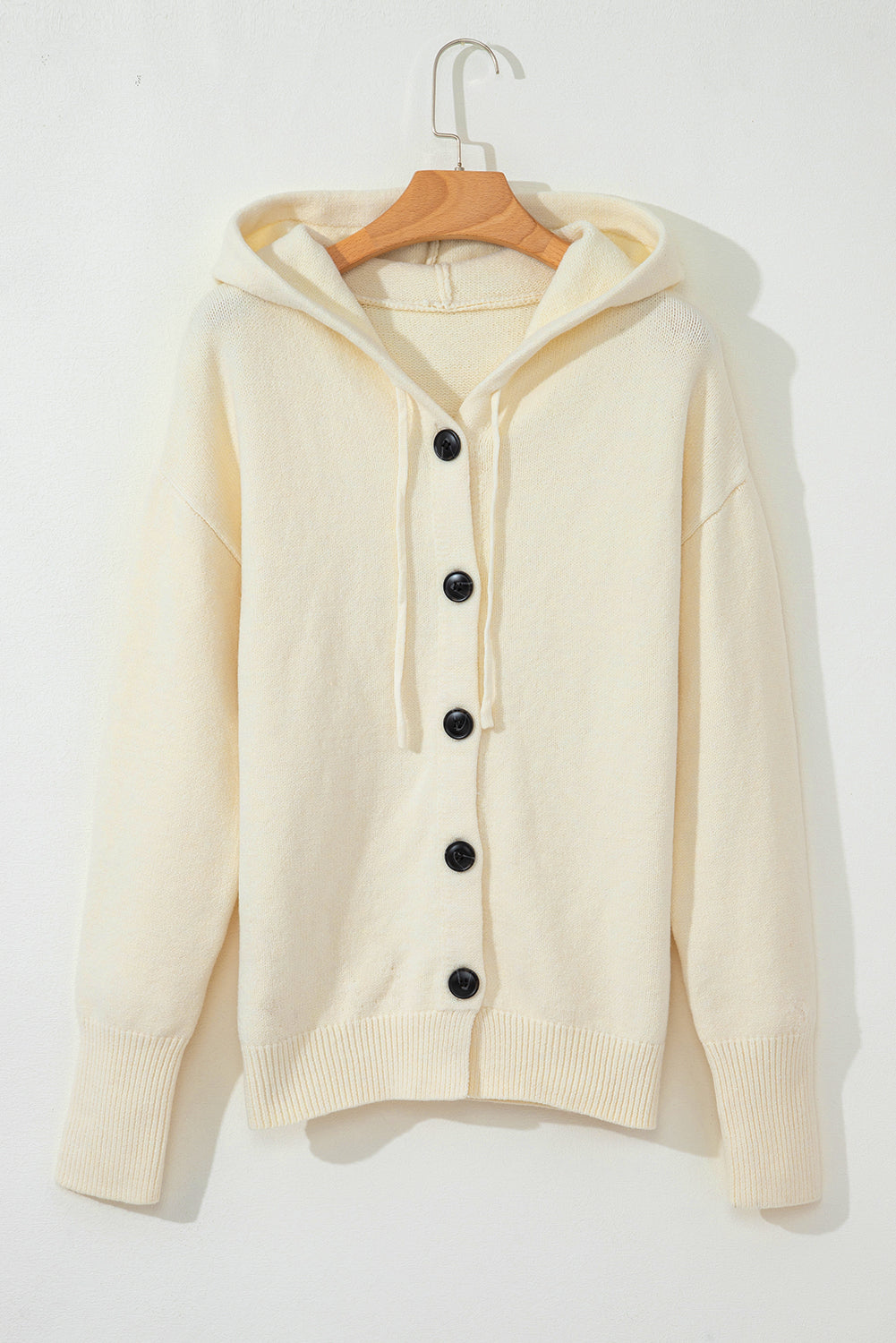 White Hooded Button Up Drop Shoulder Sweater Cardigan