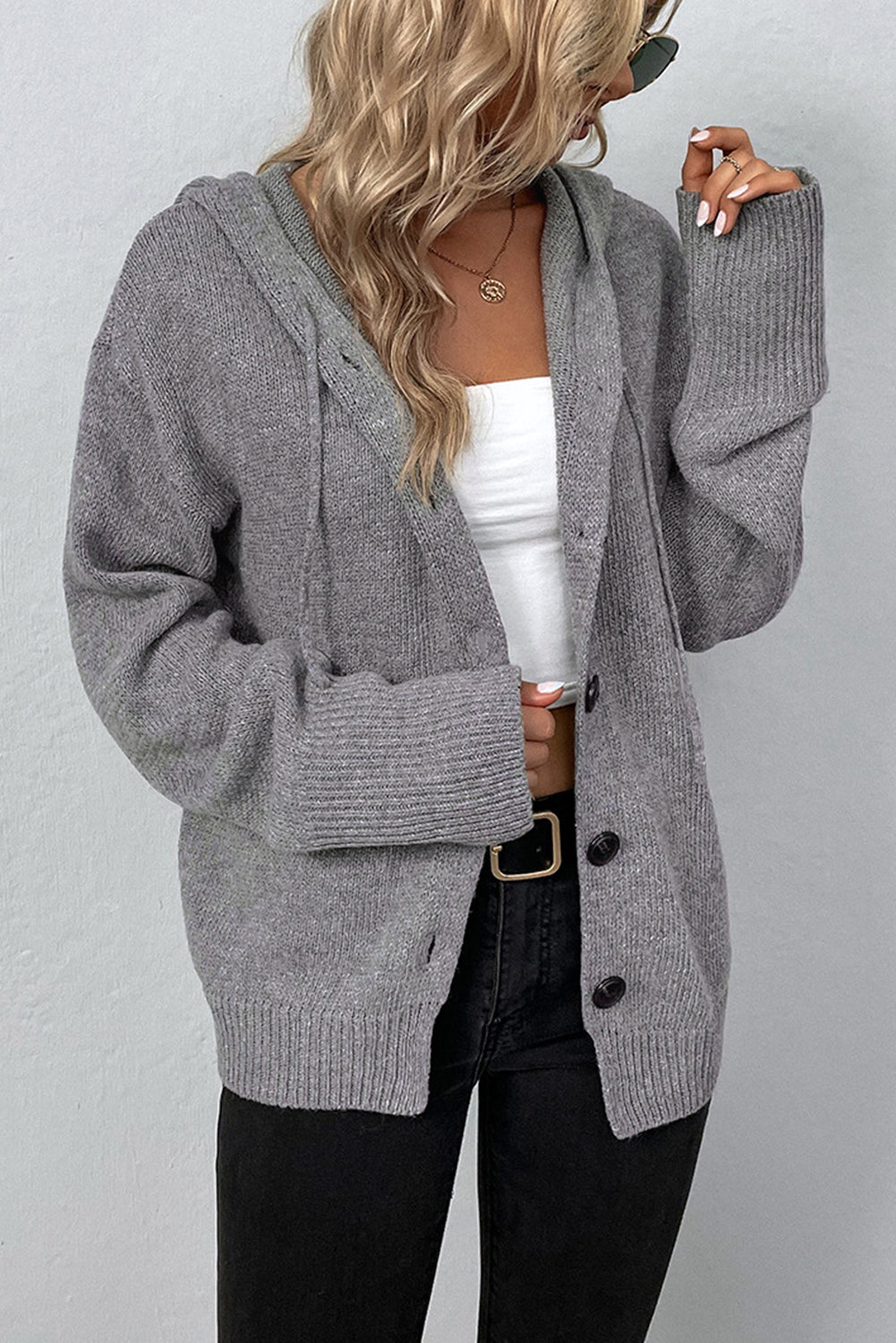 White Hooded Button Up Drop Shoulder Sweater Cardigan