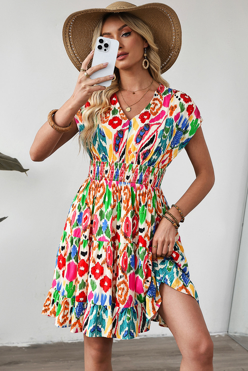 Sky Blue Abstract Print V Neck Dolman Sleeve Ruffle Tiered Mini Dress